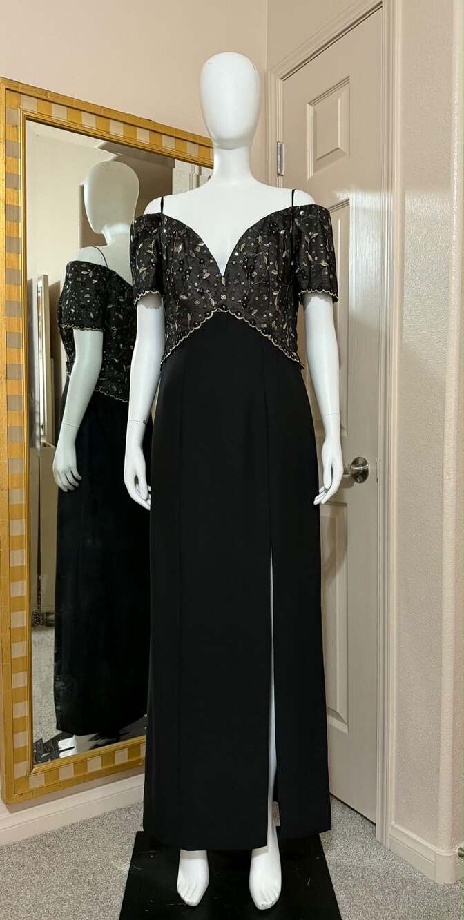 Vintage Rose Taft Black and Gold Sequin Lace Bodice Cold Shoulder Gown Size 12